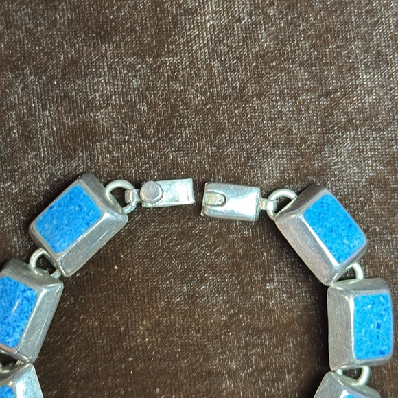 Vintage Sterling Silver Mexico 925 polished turquoise or lapis 9 stone bracelet - Picture 7 of 9